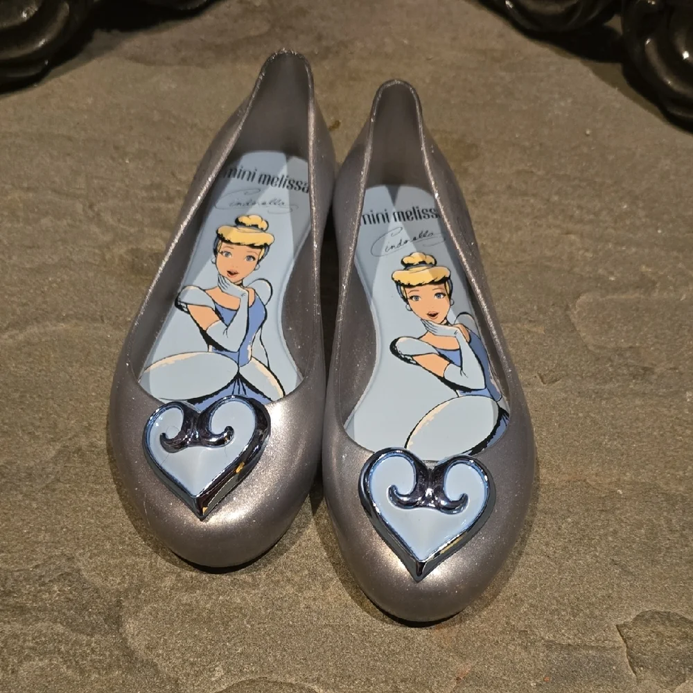 Mini Melissa Disney Girl's Silver Cinderella Jelly Flats w/ Heart Detail Size 13